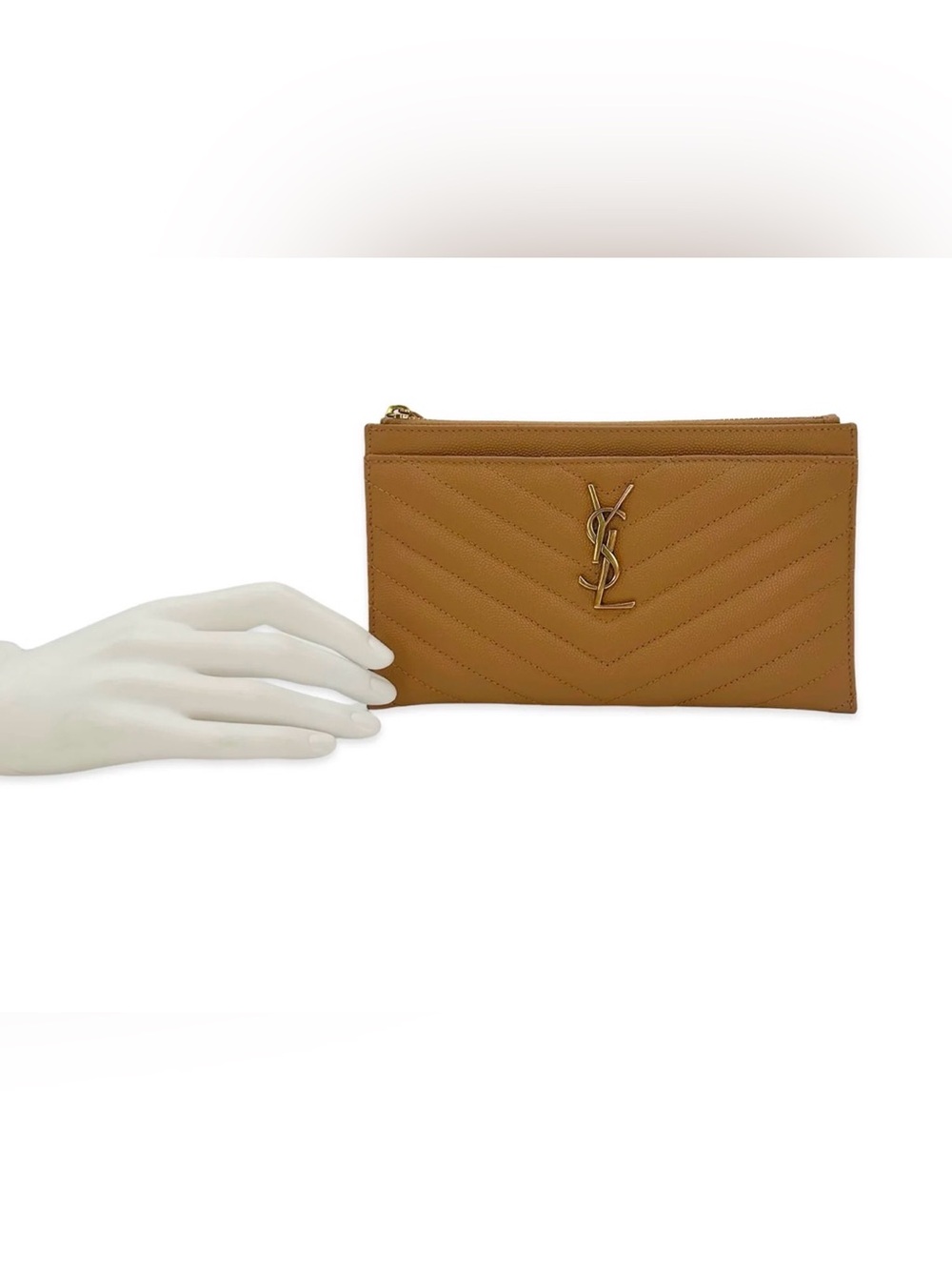 Saint Laurent Quilted Grain de Poudre Zip Pouch with Gold YSL